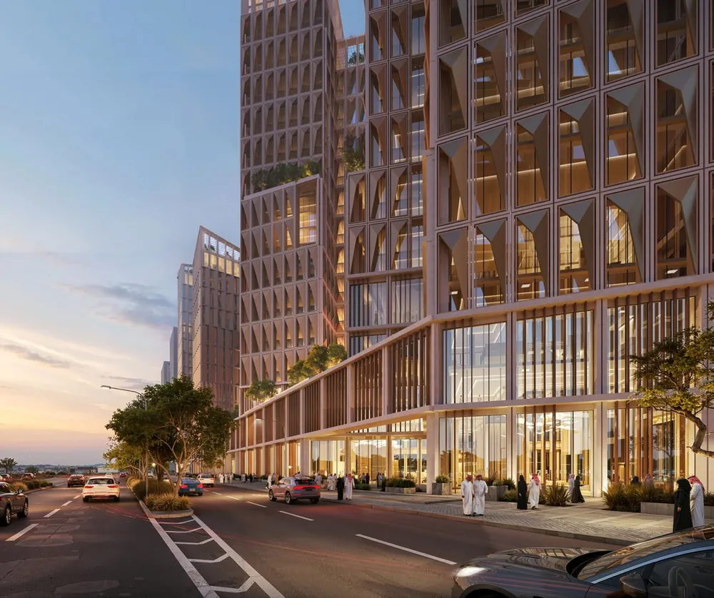 North View — four towers with a faceted façade and a glazed retail colonnade