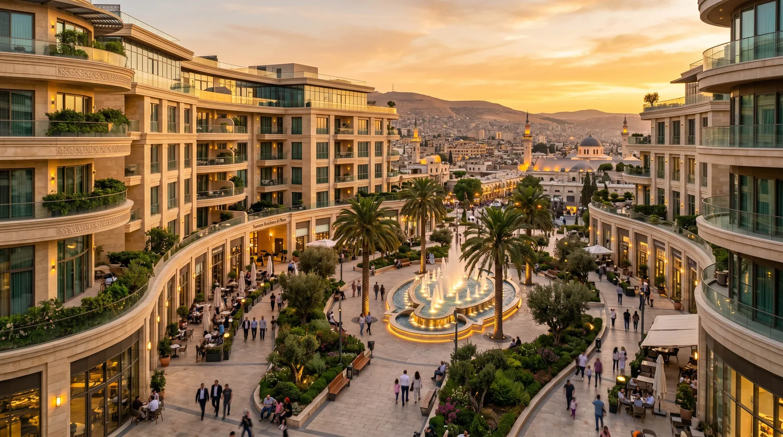Sham View — the central plaza and residences at sunset with Damascus and Mount Qasioun beyond